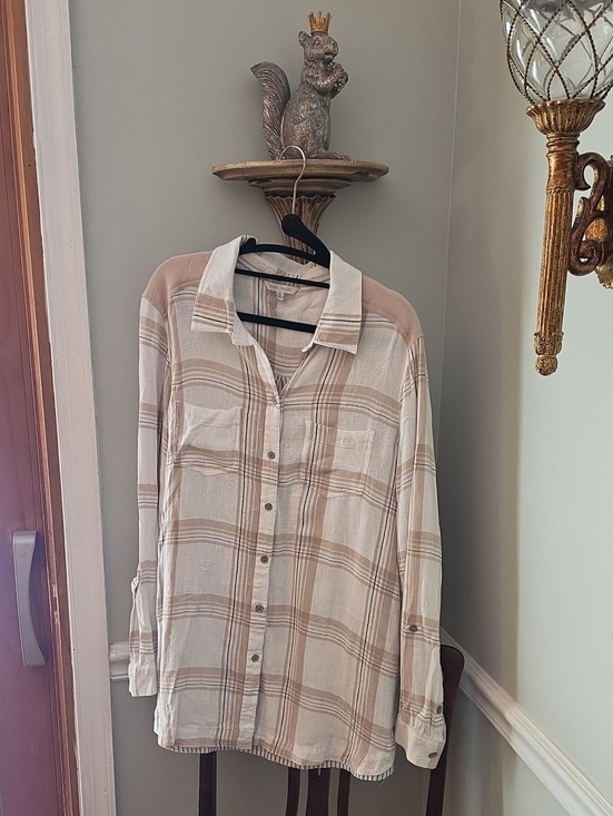 John Mark Tops - John Mark Cream and Tan Plaid Button-Down Shirt